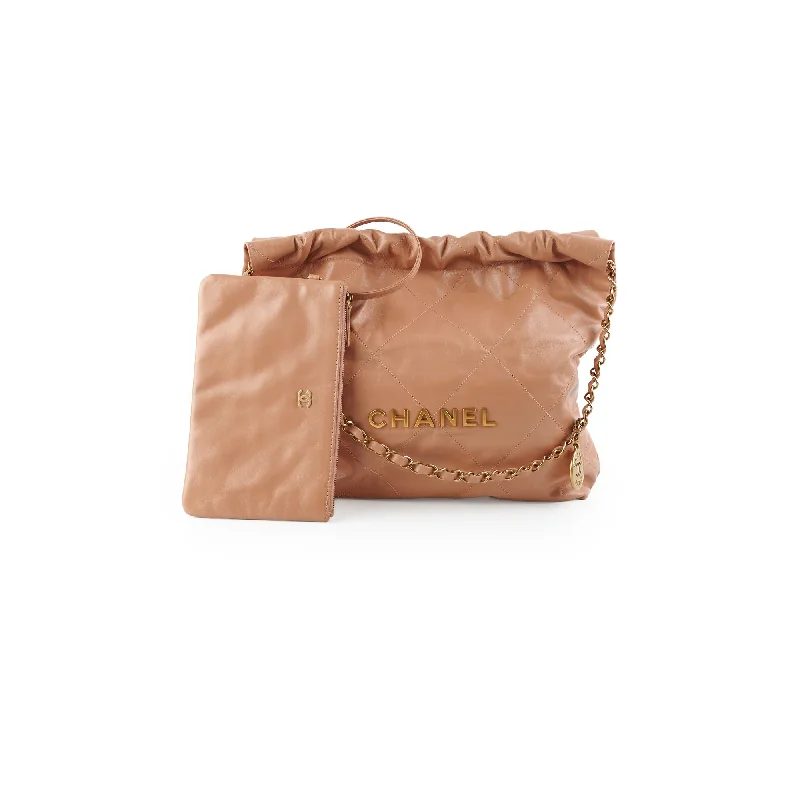 Genuine Leather Handle Bags -Chanel 22 Small Caramel