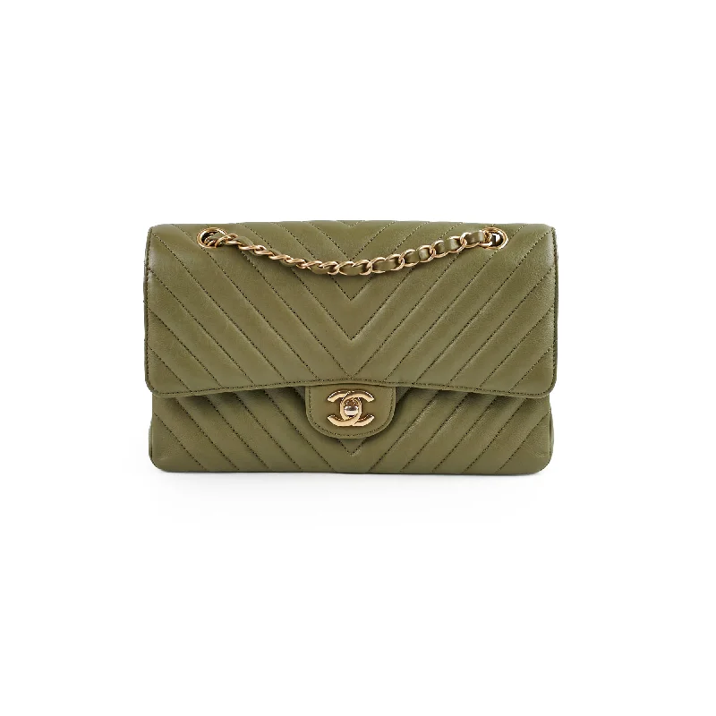 Rhinestone Handle Bags for Bling -Chanel Chevron M/L Classic Flap Khaki22394 Chanel Chevron M/L Classic Flap Khaki