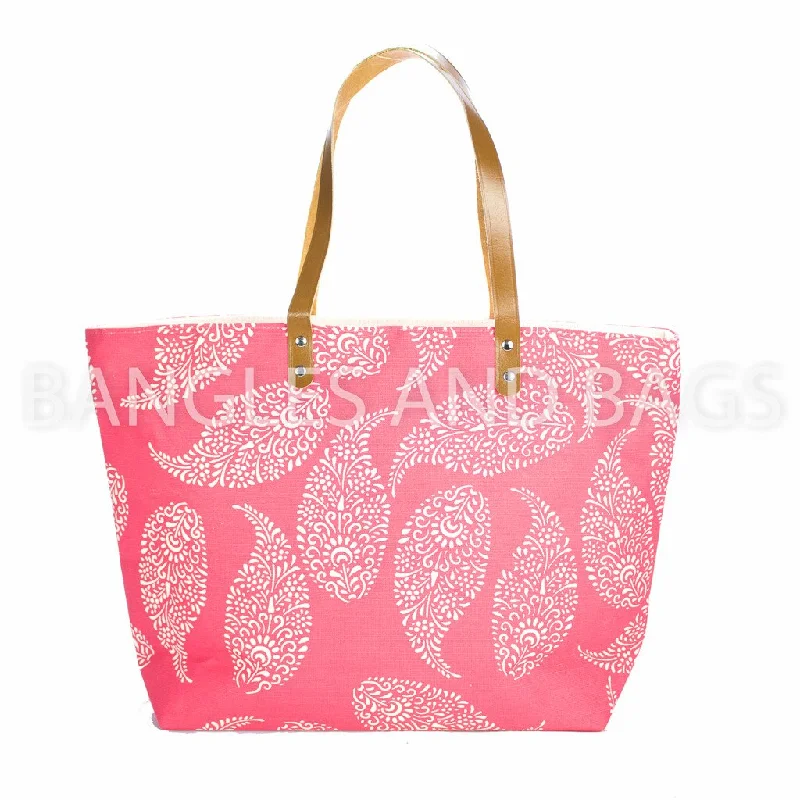 Cute tote bags with animal prints for a quirky, fun addition to any outfit -Global Paisley Leaf Jute Beach Tote - Pink