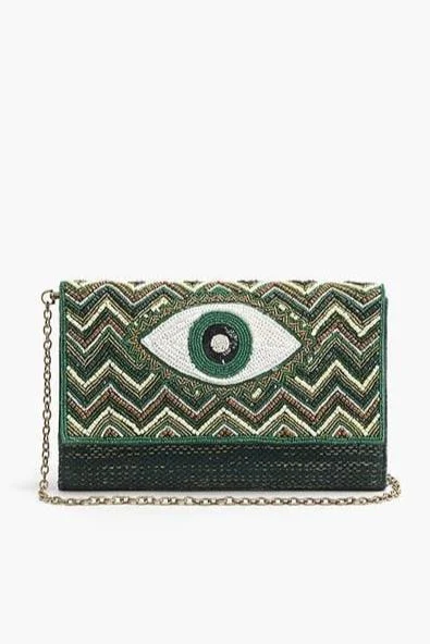 Round Handle Bags for Cuteness -AB22629 Evergreen Evil Eye Beaded Clutch