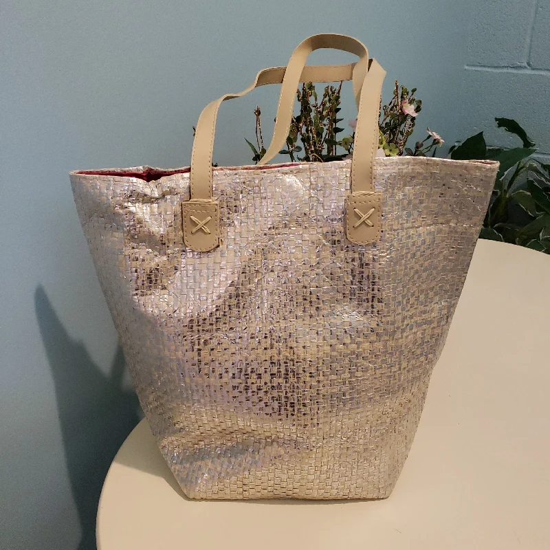 Reversible tote bags with two unique styles for versatility and flexibility -Alex Metallic Tote  - Silver / Off White