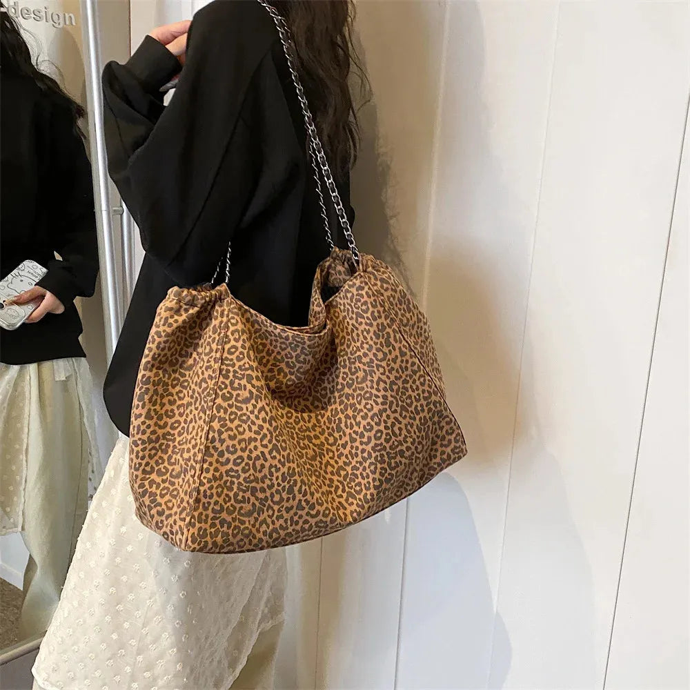 Spacious mesh tote bags with breathable compartments for beach, gym, or laundry use -Animal Print Shopper Chain Tote Bag