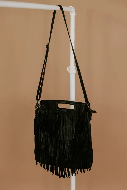 Shiny Handle Bags for Glamour -Bristol Layered Fringe Tote, Black