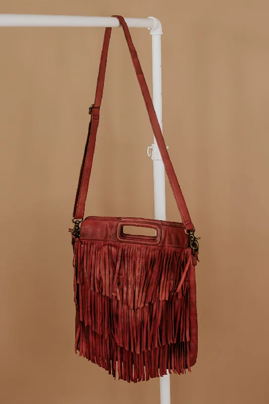 Matte Handle Bags for Elegance -Bristol Layered Fringe Tote, Burgundy