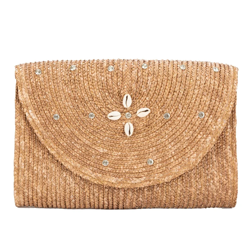 Lightweight tote bags perfect for carrying books, groceries, or essentials -Resort Ready - Fine Wheat Straw Braid Clutch with Seashell Flowers and Rhinestone Details