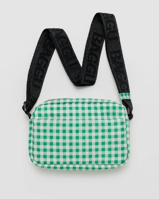 Spacious canvas tote bags with unique artwork for a personalized artistic accessory -Camera Crossbody - Green Gingham