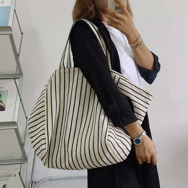 Designer tote bags with bold logos and brand names for high-end fashion lovers -Canvas Bag For Women Ins Shoulder Large Capacity Idle Style Striped Fashion