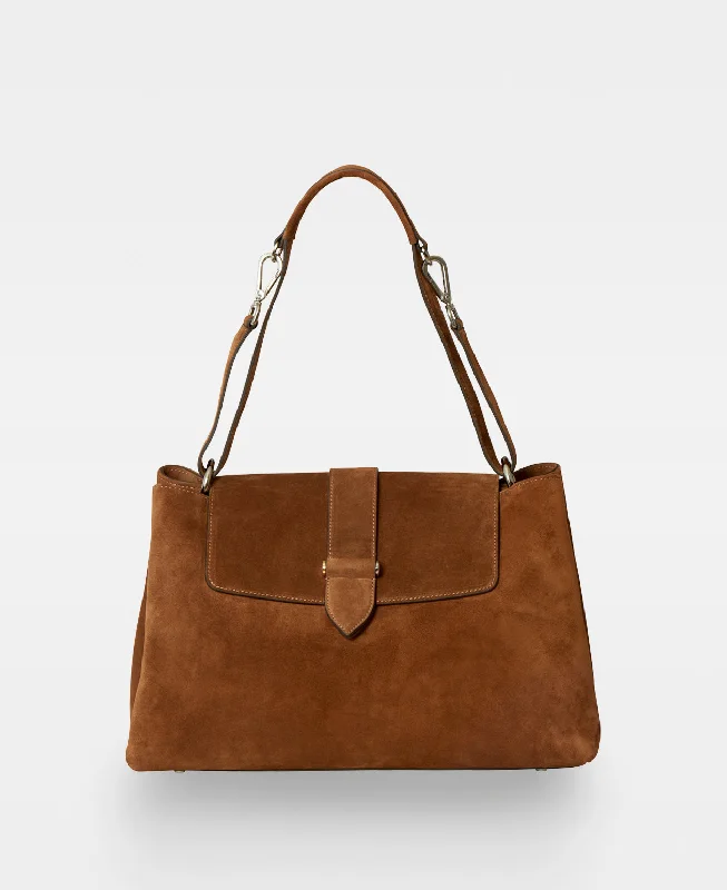 Beach tote bags with ample space for towels, sunscreen, and other essentials -CATHRINE working shoulder bag - Suede Cognac