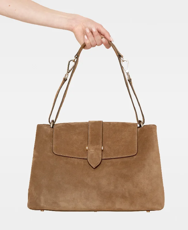 Designer tote bags with bold logos and brand names for high-end fashion lovers -CATHRINE working shoulder bag - Suede Tan