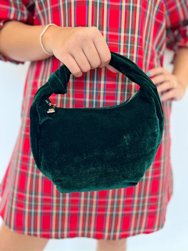 Compact tote bags for easy packing and quick errands with a convenient size -Chrissy Velvet Green Top Knot Bag