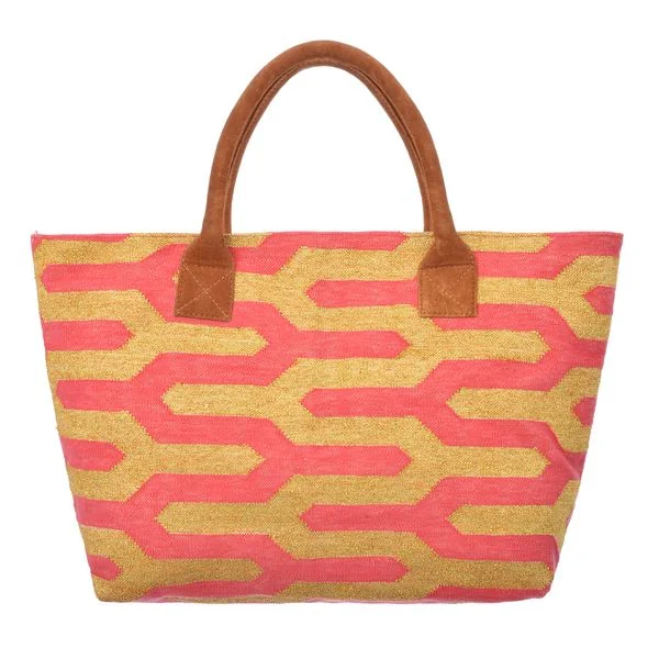 Large tote bags with padded compartments for laptops or tablets for tech lovers -Dhurrie Bag - Gold / Pink