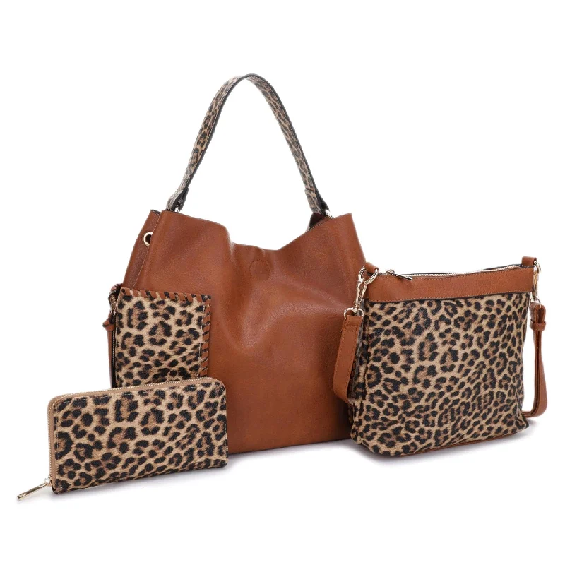 Printed Handle Bags with Patterns -EJ95037L3 Mina Leopard 3 Piece Bag Set