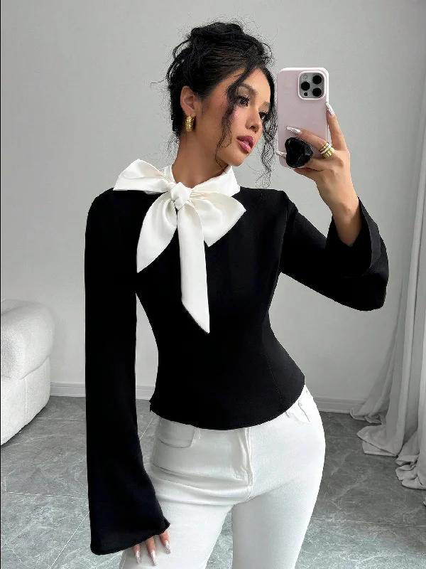 White Handle Bags for Weddings -Elenzya 1pc Women's Black Bow Tie Bell Sleeve Blouse