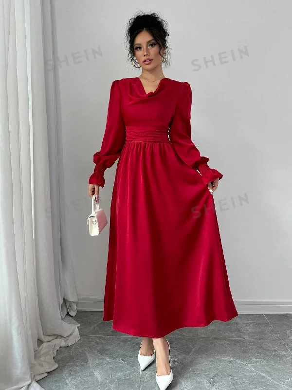 Handmade Handle Bags with Love -Elenzya Solid Color Pleated Waist Swing Dress With Long Sleeves