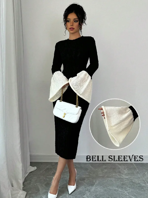 Thin Handle Bags for Style -Elenzya Women's Black And White Colorblock Bell Sleeve Knit Sweater Dress