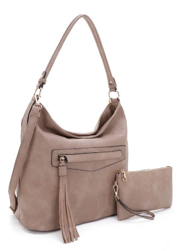 Thick Handle Bags for Comfort -FC20495 Eliza Front Tassel Pocket 2 in 1 Hobo Shoulder Bag Set