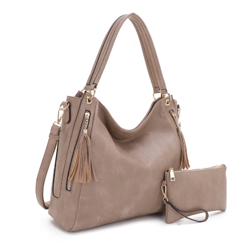 Thin Handle Bags for Style -FC20496 Tonya Double Zipper 2 in 1 Hobo Bag With Wristlet