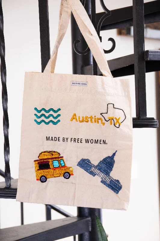 Chic leather totes with smooth finishes and sleek shapes for fashionable looks -Made by Free Women Taco Truck Tote Bag