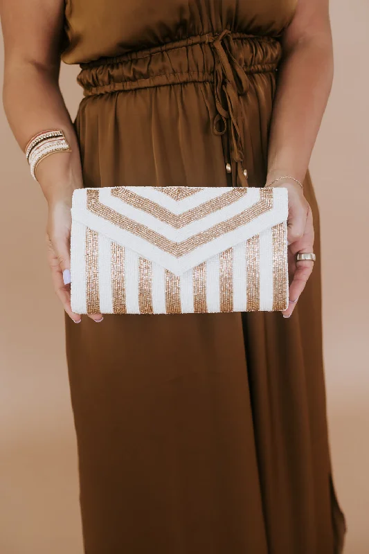 Functional Handle Bags for Daily -Full Glam Beaded Clutch, White/Gold