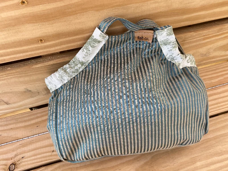 Reusable grocery tote bags with colorful designs for environmentally friendly shopping trips -Mini Samaki - Green and Camel Silk Stripe Inside and Out with Coordinating Strap and Pockets