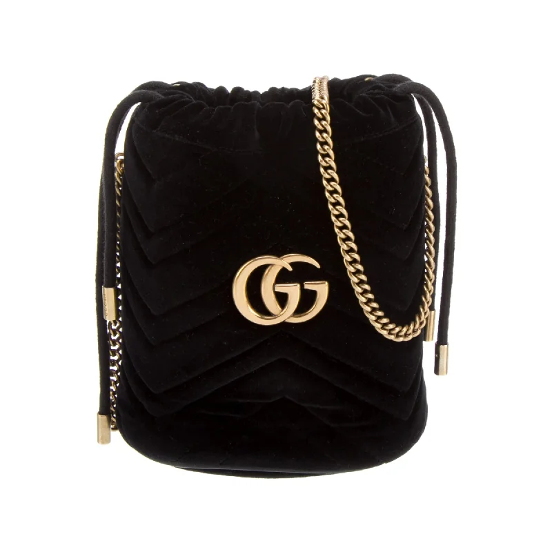 Animal Print Handle Bags -Gucci GG Marmont Mini Bucket Velvet Bag Black Gold Drawstring Italy Handbag New