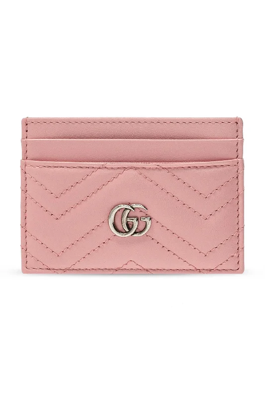 Classic Handle Bags for Forever -Gucci GG Marmont Matelasse Card Holder Wallet Pink Chevron Leather Italy NEW