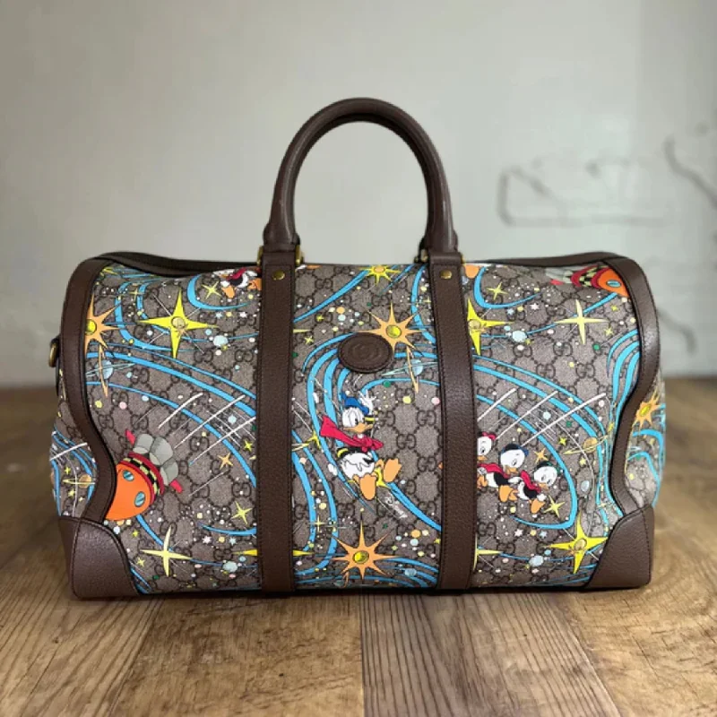 Expandable Handle Bags for Space -Gucci Donald Duck Duffle Boston Bag Beige Ebony Brown Grey Leather Handbag New