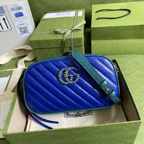 Round Handle Bags for Cuteness -Gucci Marmont Gg Small Blue Matelasse Leather Shoulder Bag Handbag NEW