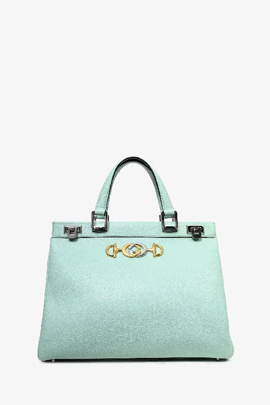 Fold-over tote bags with stylish flaps for a more fashionable and functional look -Gucci Mint Grained Leather Zumi Top Handle Bag with Strap