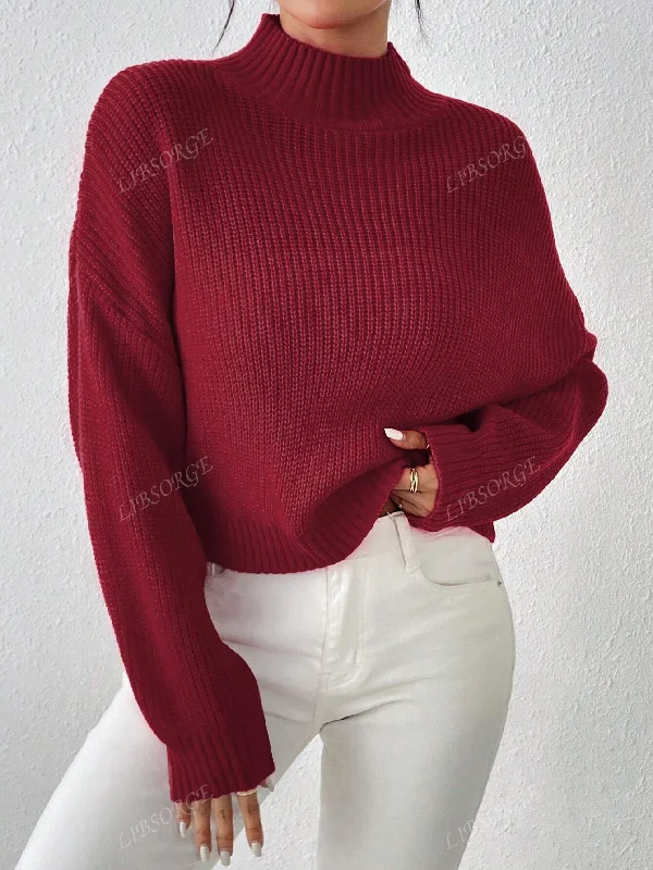 Vintage Handle Bags with Charm -Half Turtleneck Drop Shoulder Sleeve Pullover Sweater