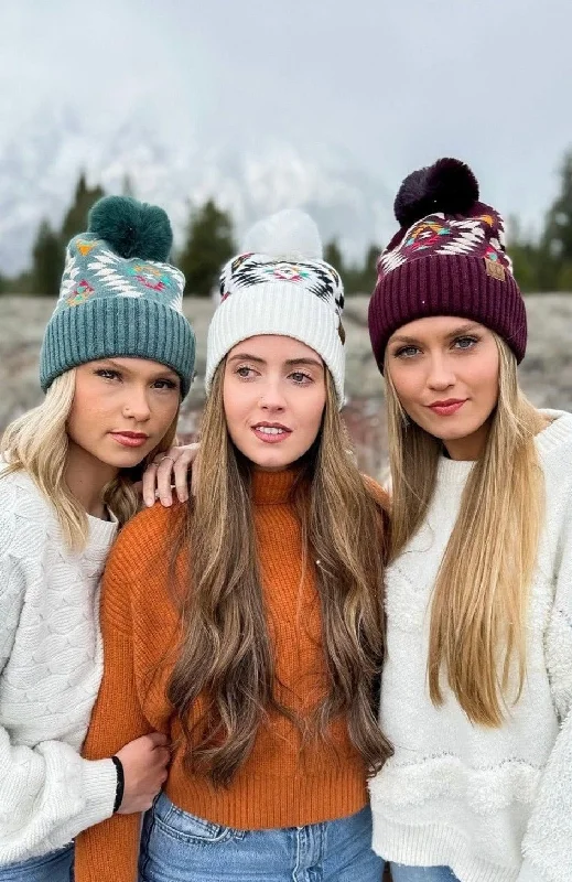 Functional Handle Bags for Daily -HAT3001 Elena Aztec Pattern Pom Beanie