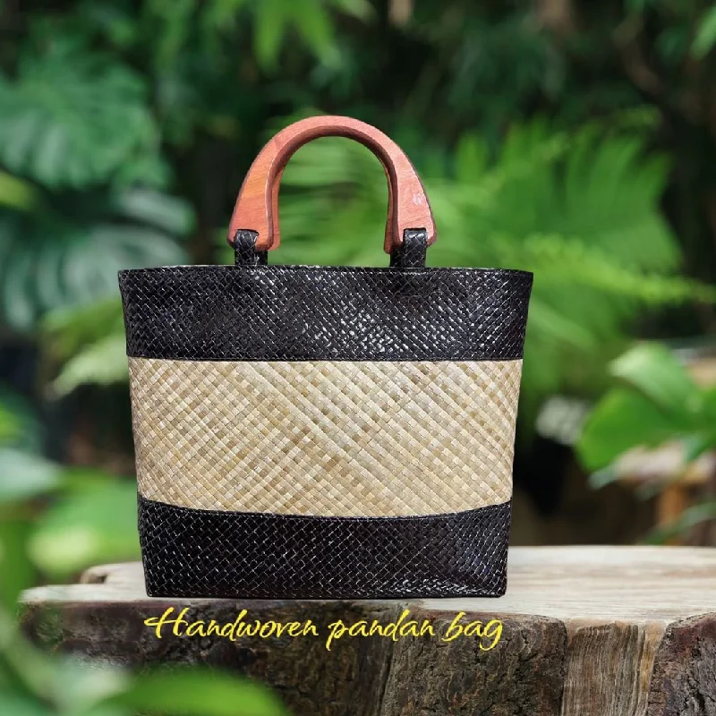 Luxury Handle Bags for Rich -ISLA Tote Bag in Black and Natural Combo. Natural in the middle.