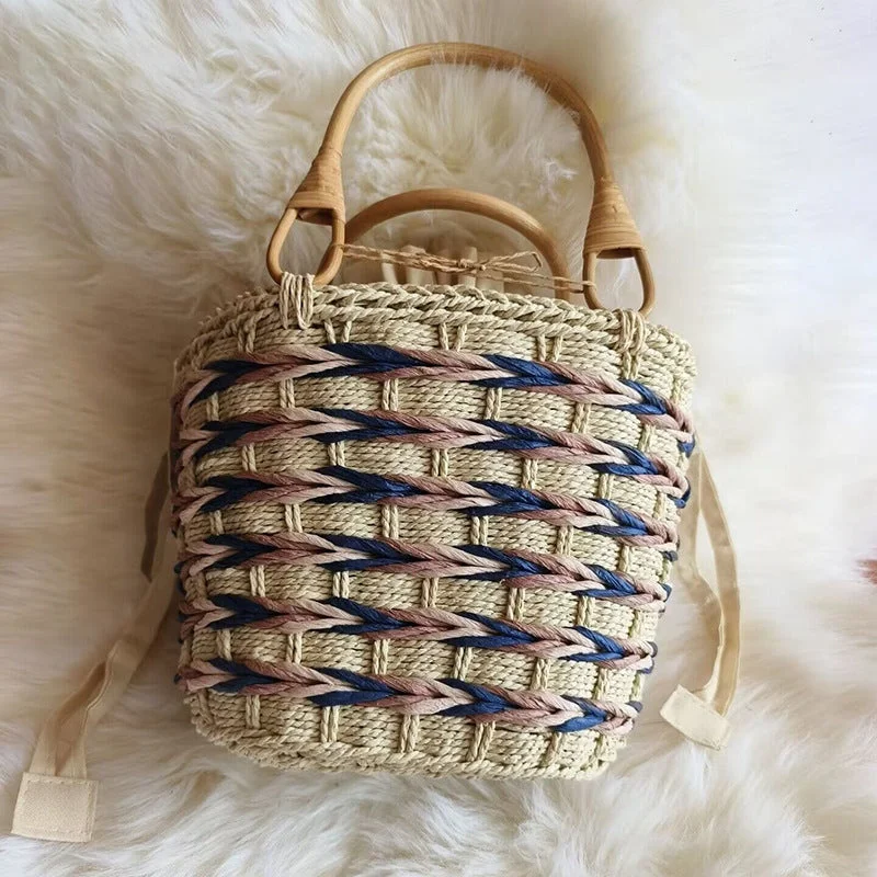 High-end leather tote bags with custom finishes for a luxury, bespoke option -Japanese Style Paper String Woven Bamboo Rattan Handle Handbag