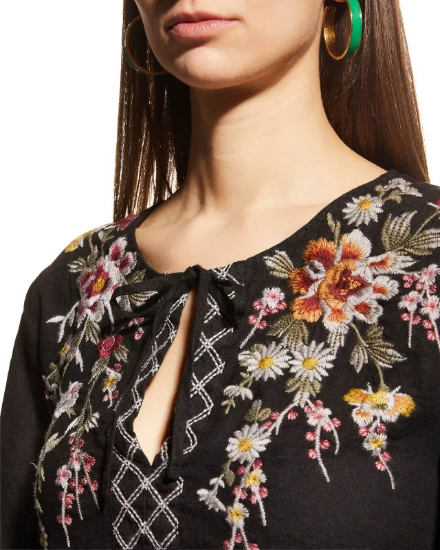 Embroidered Handle Bags with Flair -Johnny Was Acacia Split Neck Linen Top Shirt Blouse Black Embroidered New