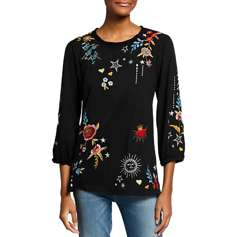 Silk Handle Bags for Luxury -Johnny Was Maris Puff Long Sleeve Embroidery Black Tee Special Shirt Flower New