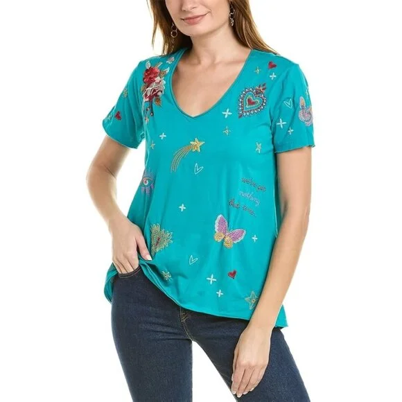 Short Handle Bags for Handheld -Johnny Was Monroe Tropical Tee Short Embroidery Shirt Teal Green Top Small NEW