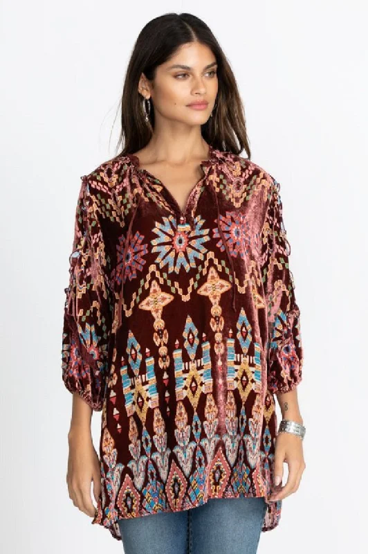 School Handle Bags for Books -Johnny Was Geo Burnout Mali Tunic Top Shirt Burgundy Tribal Velvet Brown NEW