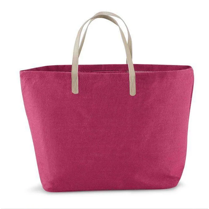 Large totes with padded compartments for safe storage of camera gear or electronics -Jute Tote with Leather Handles - Fushia