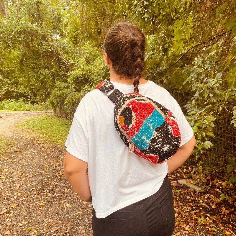 Compact tote bags for lightweight, everyday carrying with just the essentials -Kantha Crossbody Sling Bag-Light Blue, Navy Blue & Red