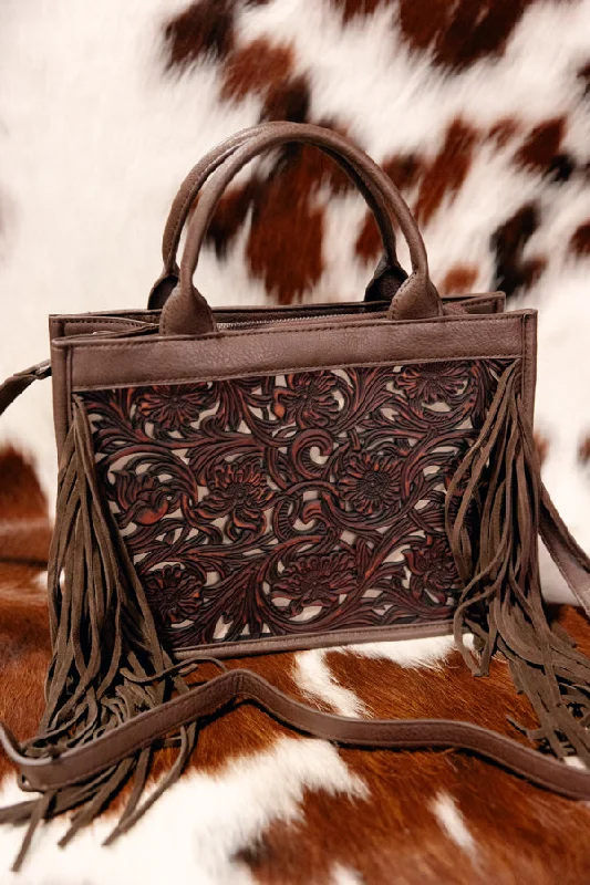 Thick Handle Bags for Comfort -Kynlee Floral Tooled Fringe Crossbody