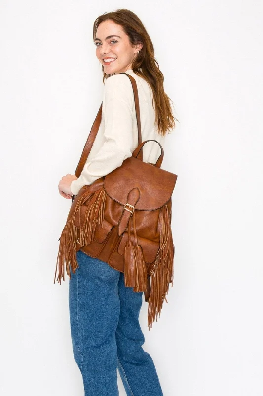 Black Handle Bags for Formal -LDM001 Darlene Buckle Flap Fringe Backpack