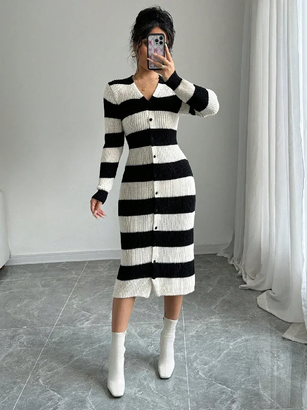 Duffel Handle Bags for Gym -LUNE Women's V-Neck Button Striped Long Sleeve Fitted Charming Sweater Dress