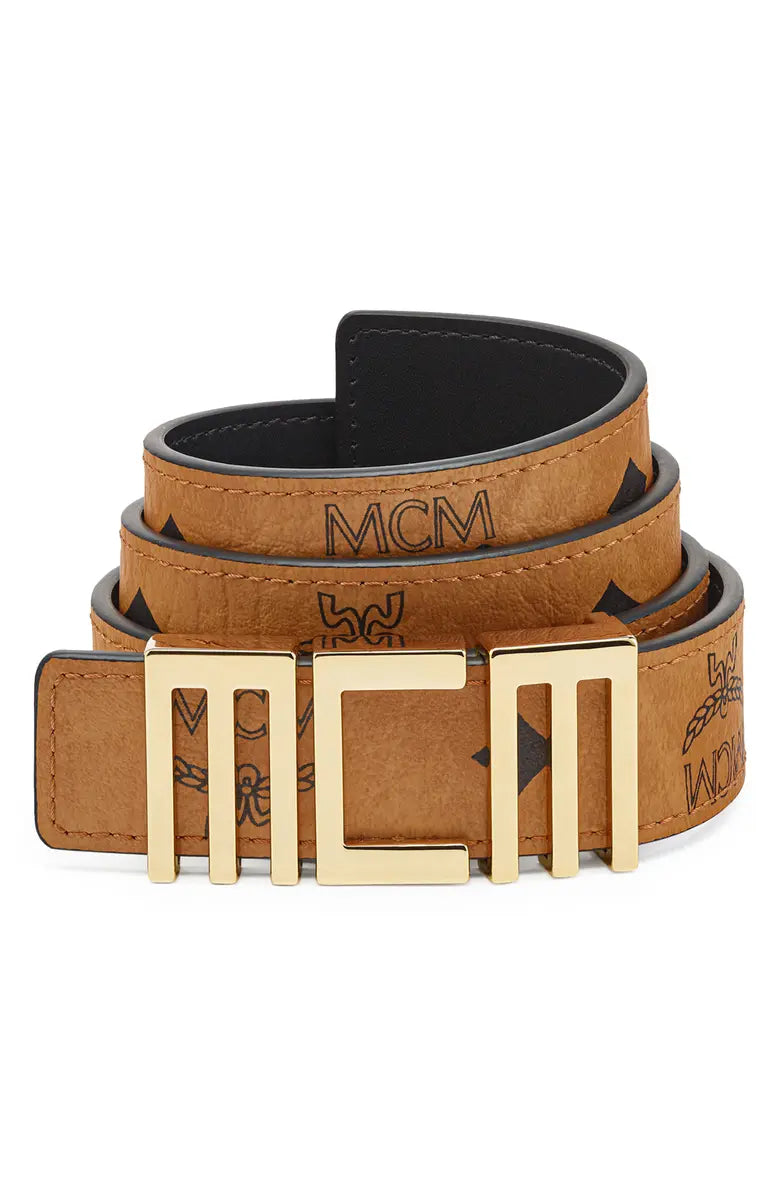 Handmade Handle Bags with Love -MCM Authentic Reversible Faux Leather Logo Buckle Belt Coganc Brown Black NEW