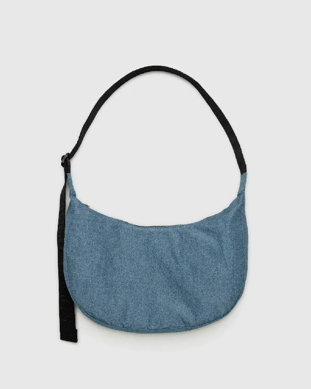 Multi-functional tote bags with detachable straps for both shoulder and hand carry -Medium Nylon Crescent Bag - Digital Denim