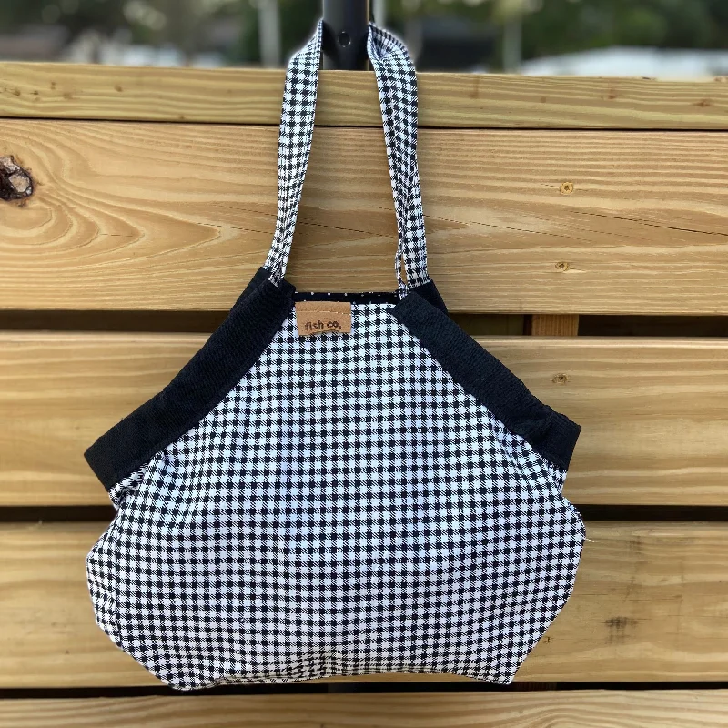 Simple black leather tote bags with sleek, polished finishes for work or travel -Mini Samaki - Black and White Houndstooth