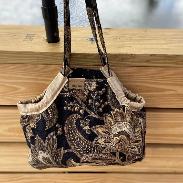 Lightweight and foldable tote bags with cute prints for packing and portability -Mini Samaki- Brown Paisley and Floral Print on Black with Black and Tan Mini Print Inside