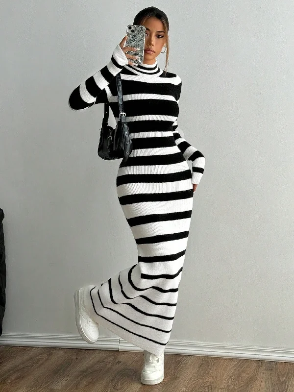 Travel Handle Bags for Luggage -MOOSTA Casual Chic Colorblock Striped Long Sweater Dress