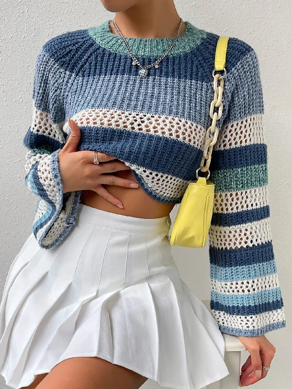 Picnic Handle Bags for Food -MOOSTA Colorblock Raglan Sleeve Pointelle Knit Crop Sweater