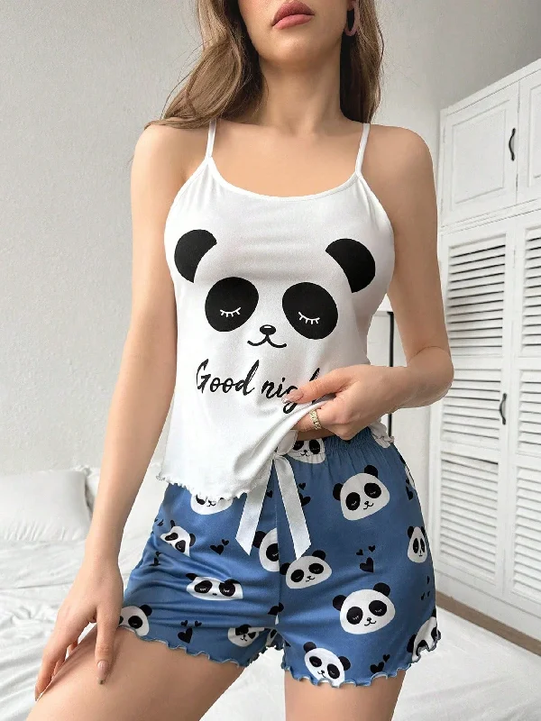 Crystal Handle Bags for Sparkle -Panda & Letter Printed Camisole And Shorts Women's Pajama Set