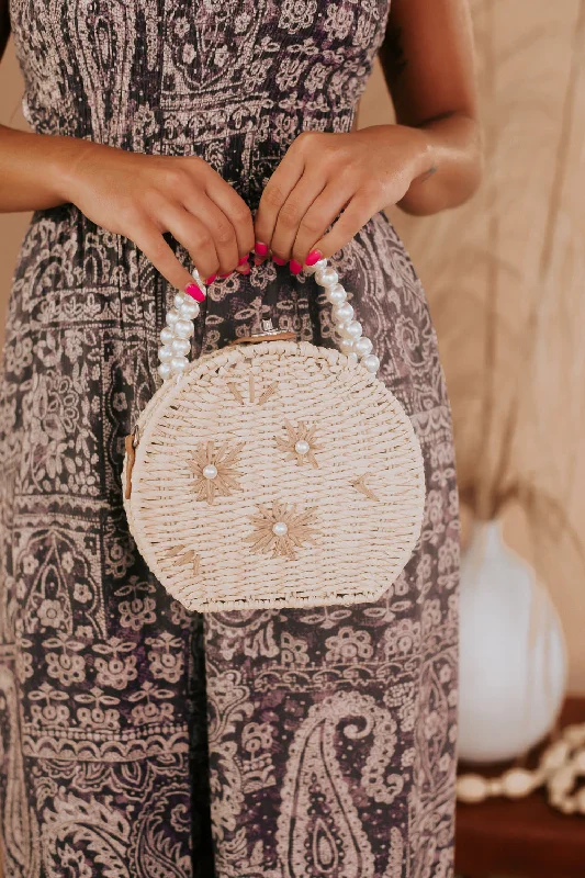 Linen Handle Bags for Summer -Pearl Flower Handbag, Beige